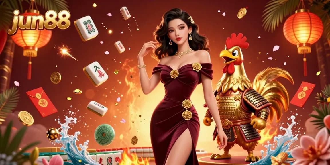 Join the thrilling action at jun88 where a glamorous woman and a golden rooster warrior bring excitement to the casino experience!