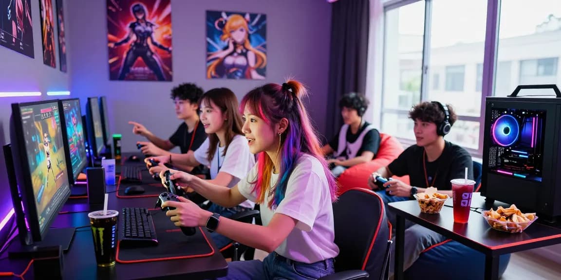 Friends playing a hentai game in a vibrant gaming setup, showcasing excitement and teamwork.