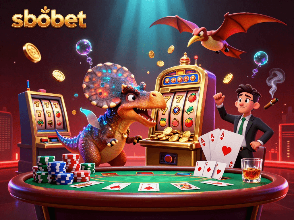 SBOBET showcases a colorful 3D scene of a dinosaur hitting a slot machine, coins flying around in a bustling casino.