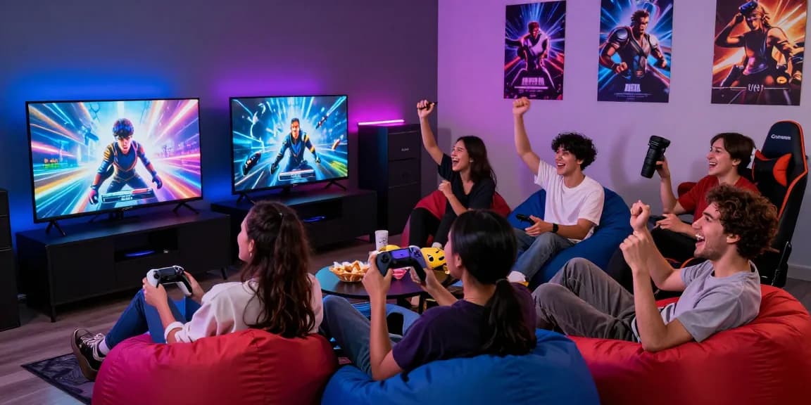 Grup teman menikmati pengalaman portal hiburan digital 91dewa dengan bermain video game bersama.