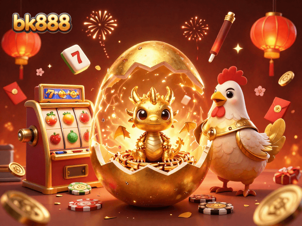 Experience the thrill of bk888 with a vibrant casino scene featuring a golden dragon and slot machines.