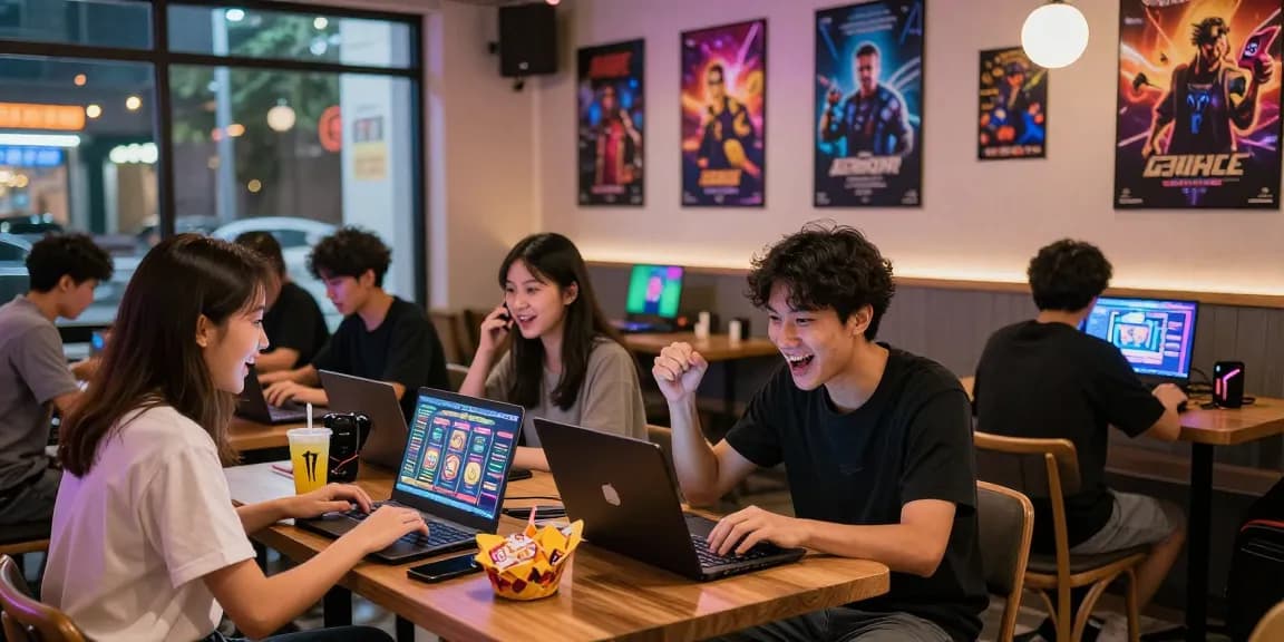 Engaging scene of players logging into mpo777 slot game in a lively cafe.