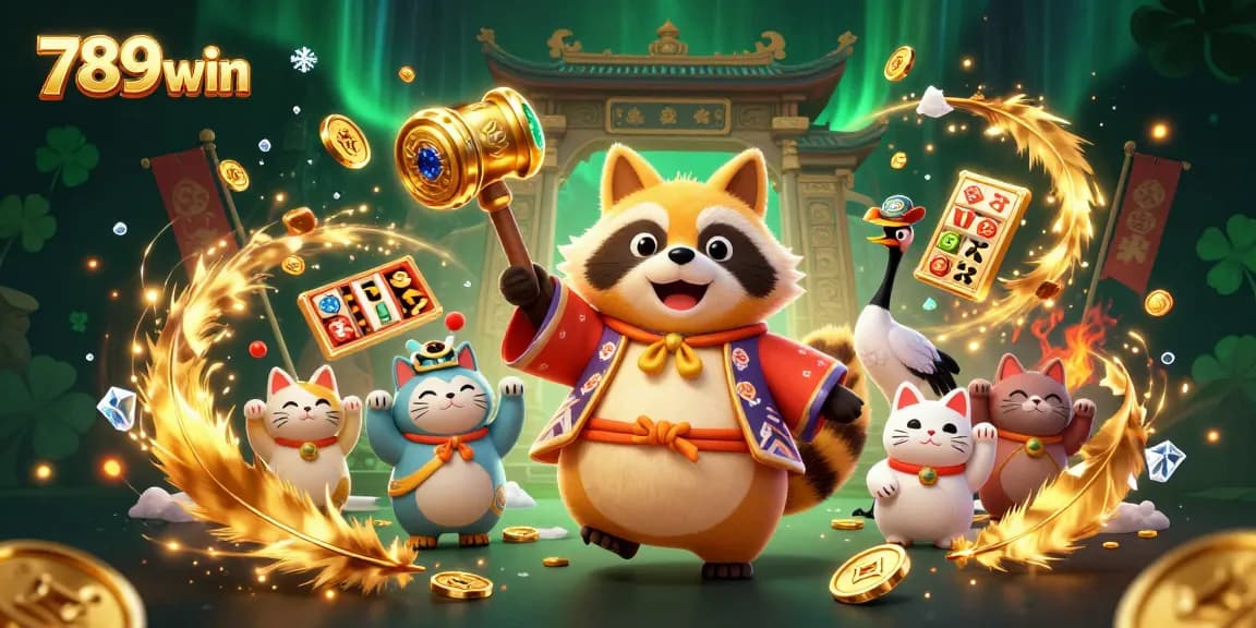 Engage with 789win's exciting gaming experience featuring a cheerful tanuki, vibrant slot elements, and lucky charms.