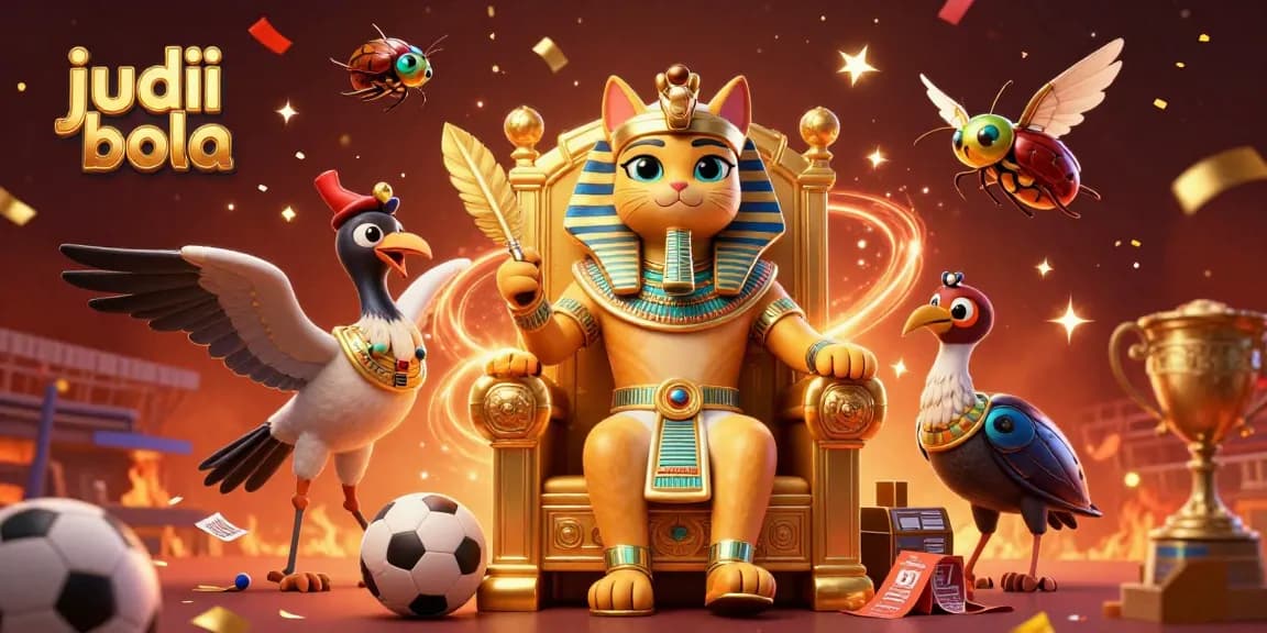 Engage in judi bola action with vibrant sports betting elements and a stunning pharaoh cat illustration.