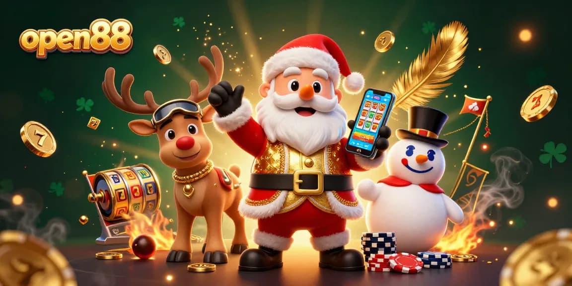 Experience excitement at open88 with a glitzy scene of Santa and friends celebrating jackpot wins.