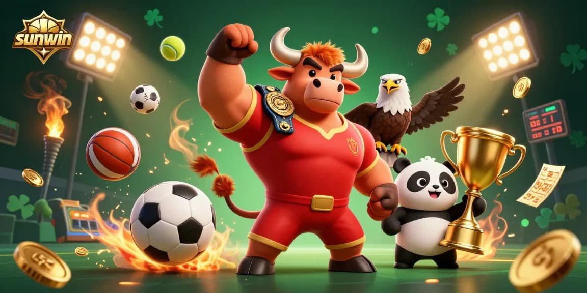 Experience the excitement of sunwin with a vibrant, animated scene featuring a victorious bull mascot and friends celebrating gaming action.