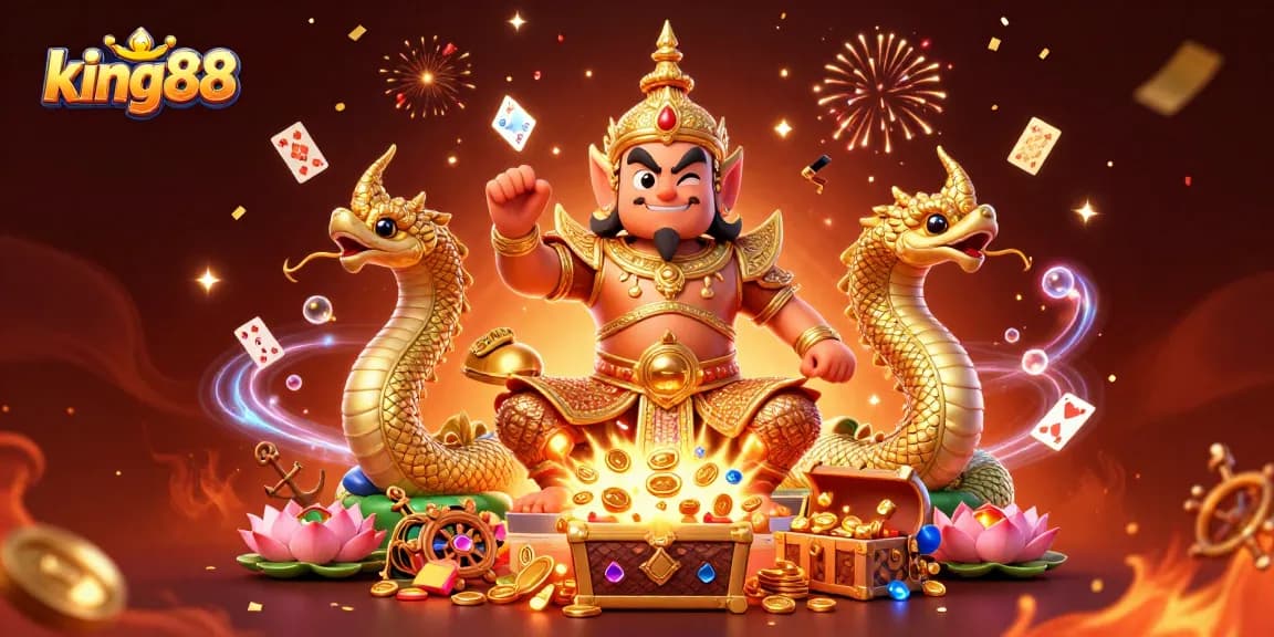 Win big at king88 with exciting online casino games and engaging characters in vibrant digital illustration.