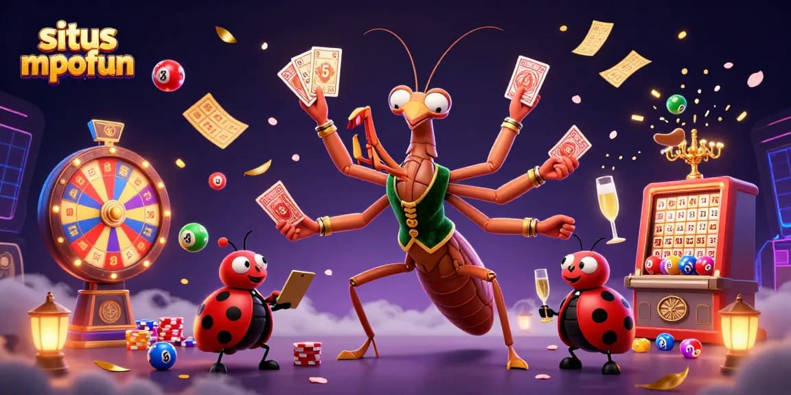 Situs mpofun brings excitement with a vibrant 3D casino illustration featuring a giant card sharp and dynamic game elements.