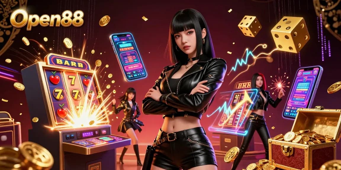 Experience exhilarating wins at Open88 with a stunning female avatar among vibrant casino elements.