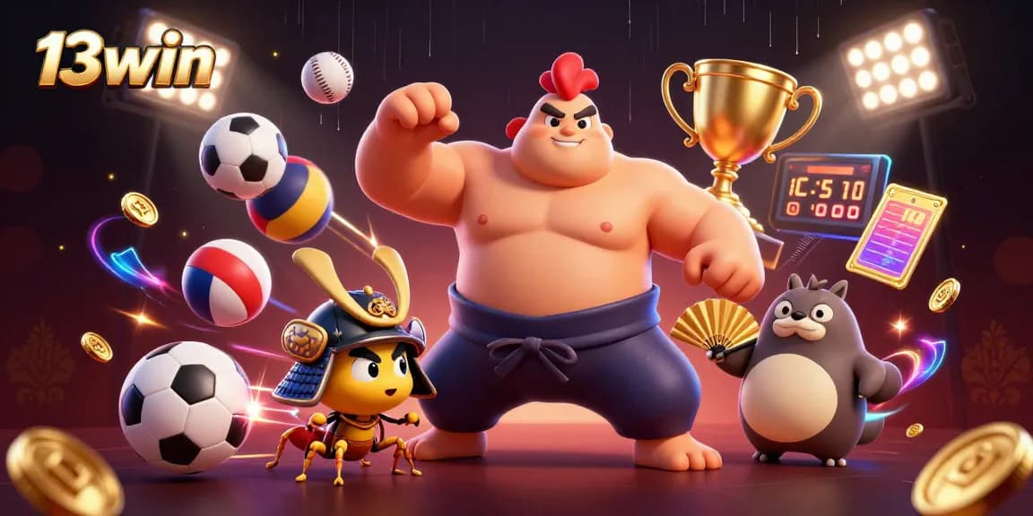 Engage in thrilling action with 13win as a powerful sumo wrestler and fierce cricket battle in a vibrant casino setting.