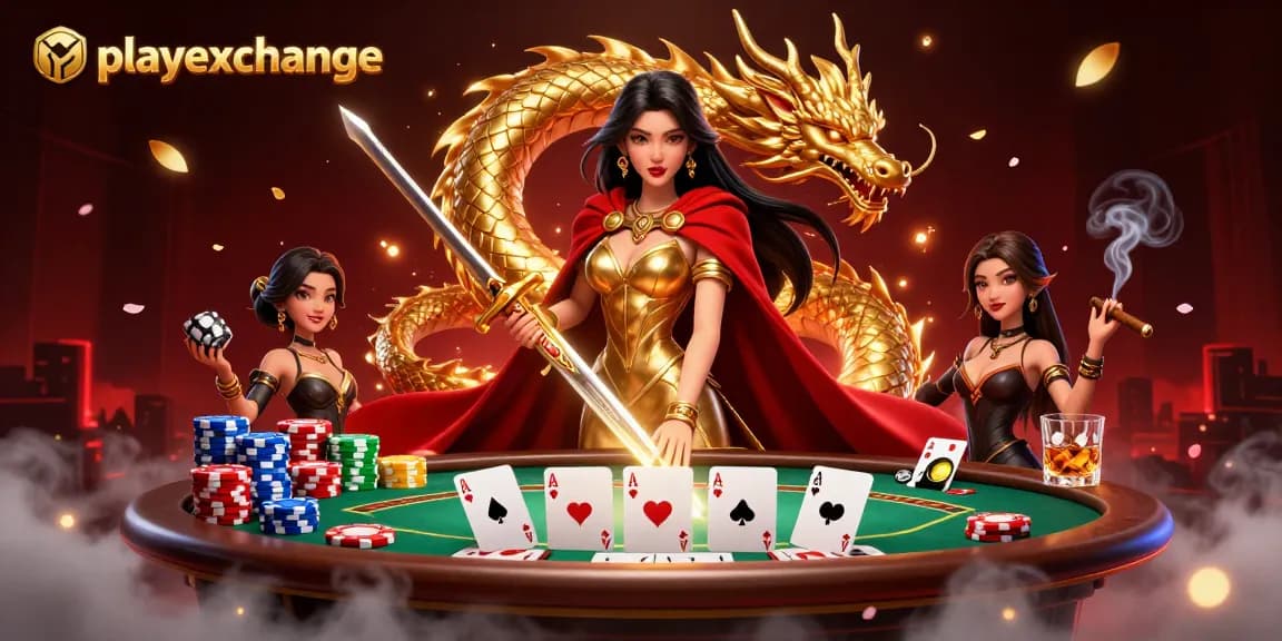 Engage with playexchange at a vibrant poker scene featuring a warrior queen and golden dragon.