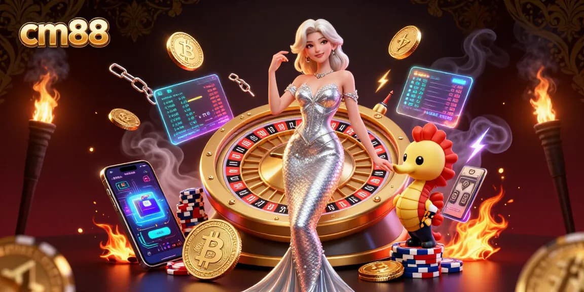 Spin the cm88 roulette wheel with a glamorous lady and her seahorse companion amidst vibrant crypto elements.