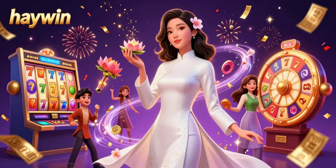 Experience haywin's vibrant casino atmosphere with a graceful lady, slot reels, and festive confetti.