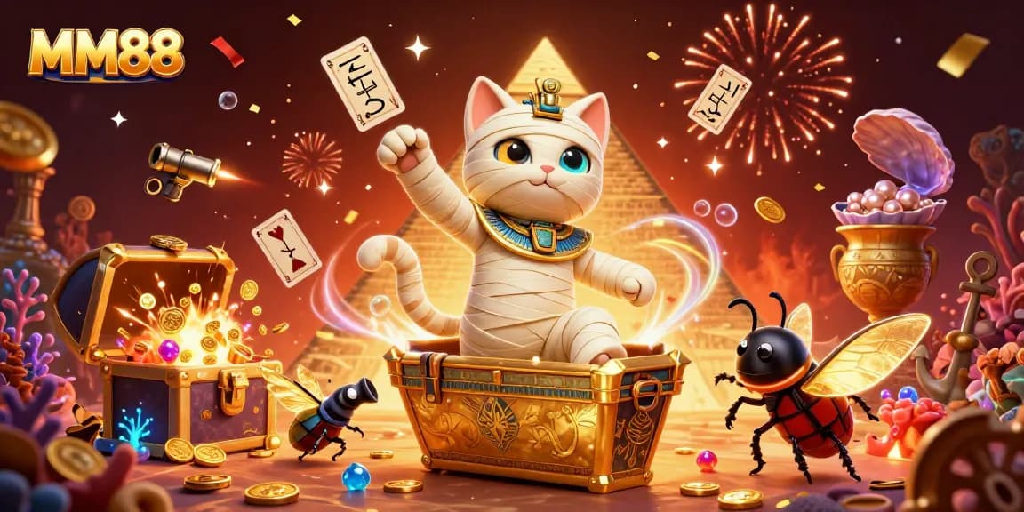 Experience thrill with MM88's pyramid casino adventure featuring a mummy cat and treasures.