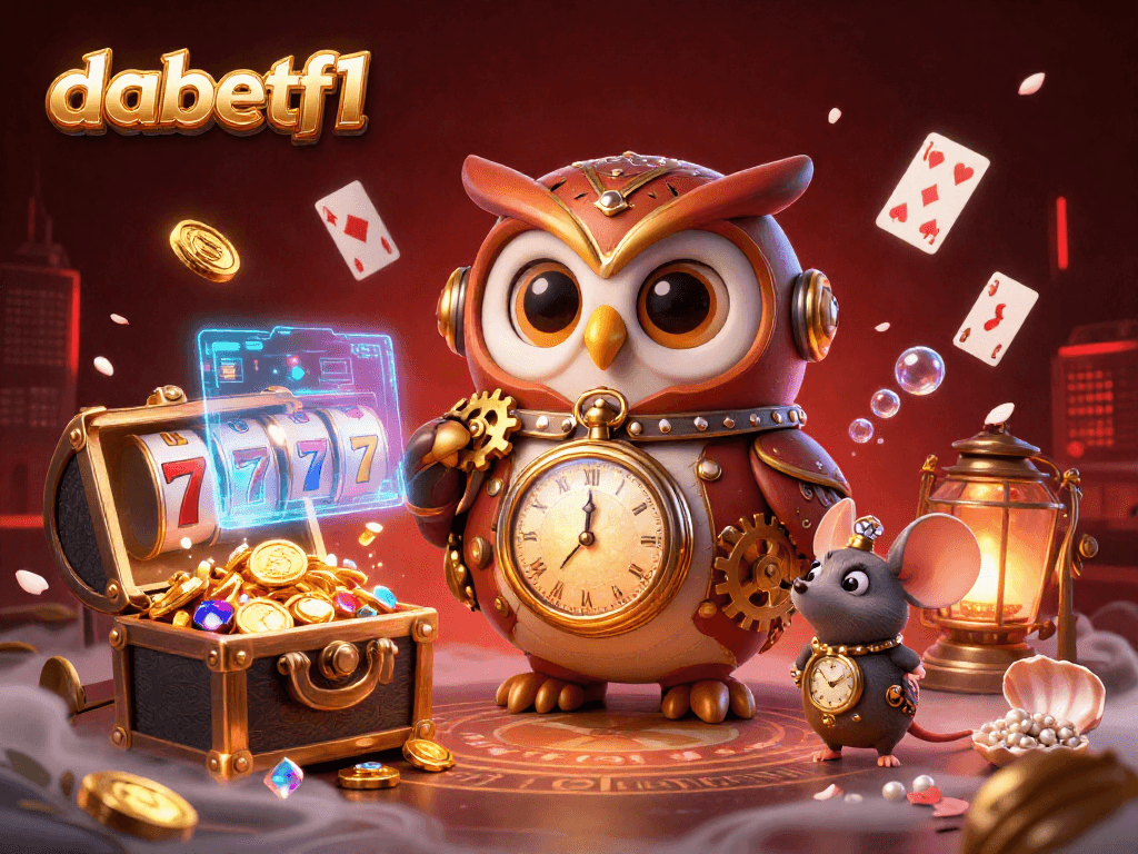 Dabetf1 features a 3D cartoon owl and mouse in a casino scene, showcasing slots with vibrant gameplay elements.