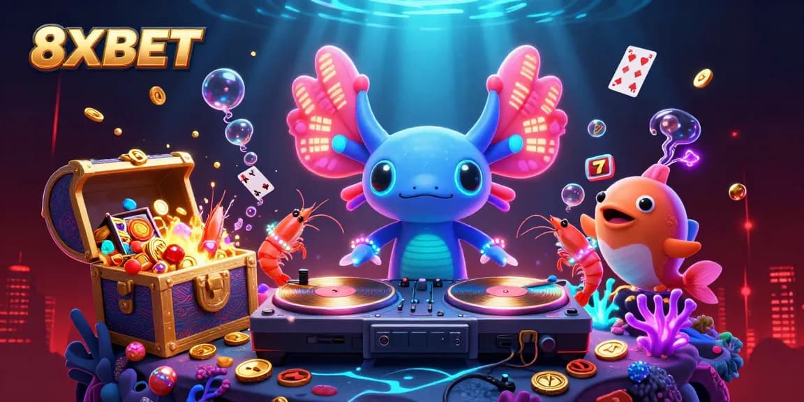 Turntables spinning as 8XBET's colorful characters engage in a lively underwater casino scene.