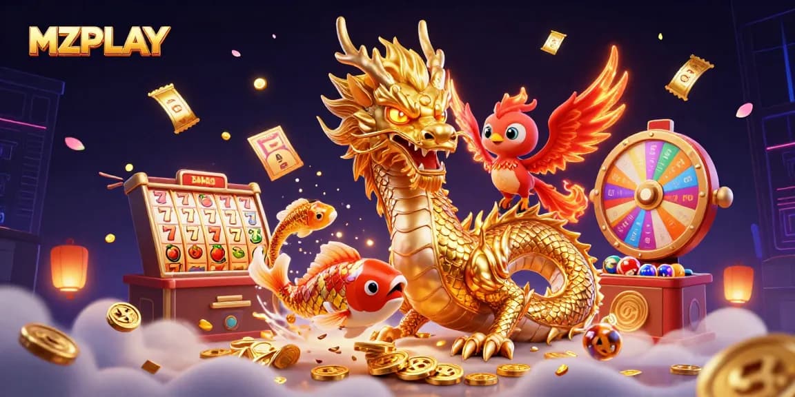 MZPLAY casino showcases a fierce dragon, a phoenix, and a koi fish amidst dynamic gaming elements.