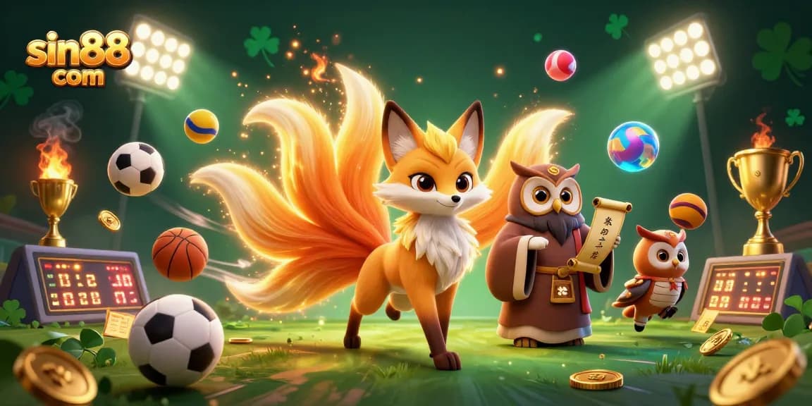 Join the excitement at sin88 com with a vibrant 3D casino scene featuring animated characters and dynamic sports elements.