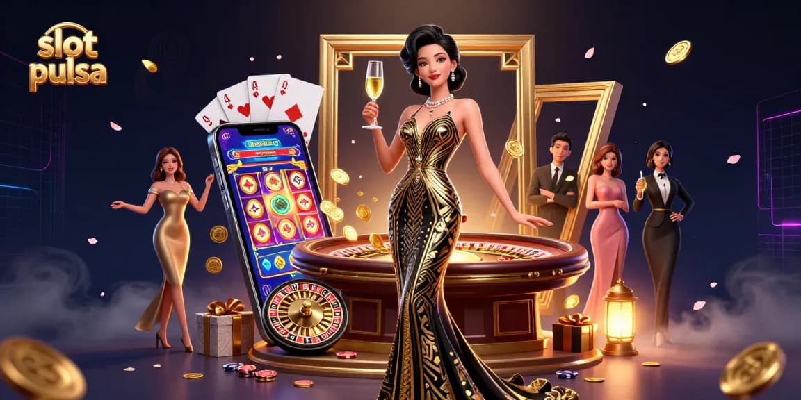 Spin vibrant slot pulsa games and win as golden coins erupt from a smartphone amid a glamorous casino setting.