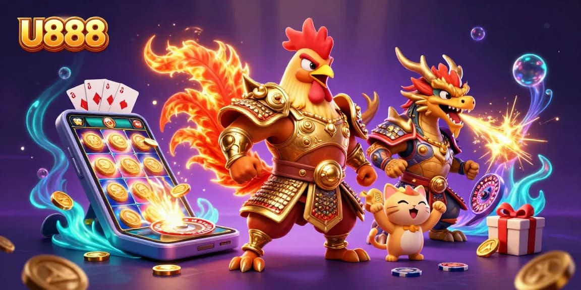 Engage with U888's thrilling gaming environment featuring a samurai rooster, dragon, and vibrant casino elements.