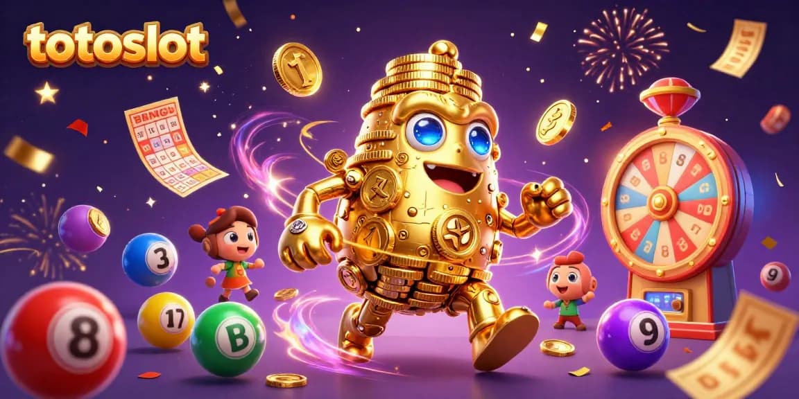 Engage with the totoslot experience featuring a dynamic golden golem surrounded by vibrant lottery elements.