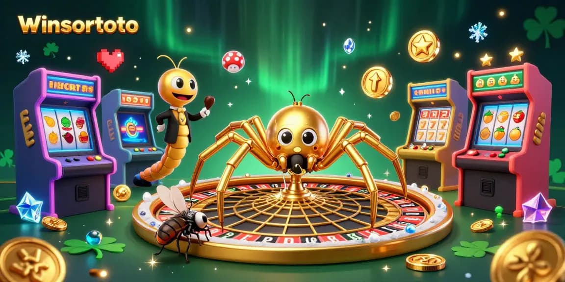 Win big with winsortoto at this vibrant 3D casino scene featuring a spider, fly, and centipede.