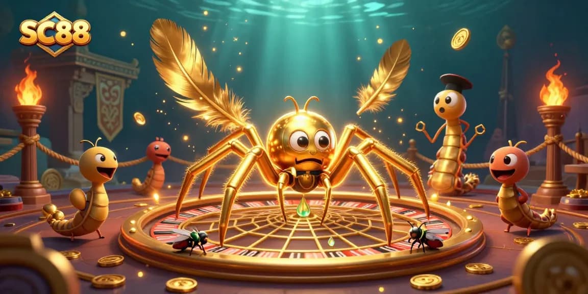Experience SC88's thrilling roulette game with a golden spider and centipede croupier in a vibrant 3D world.