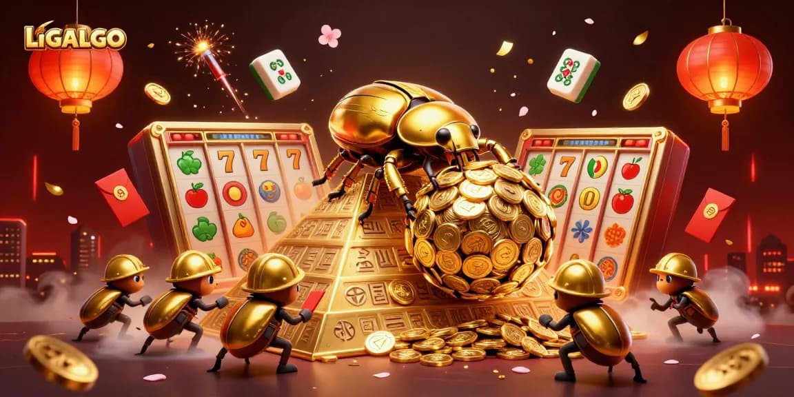 LIGALGO showcases a golden dung beetle amidst slot reels and festive elements for an engaging gaming experience.