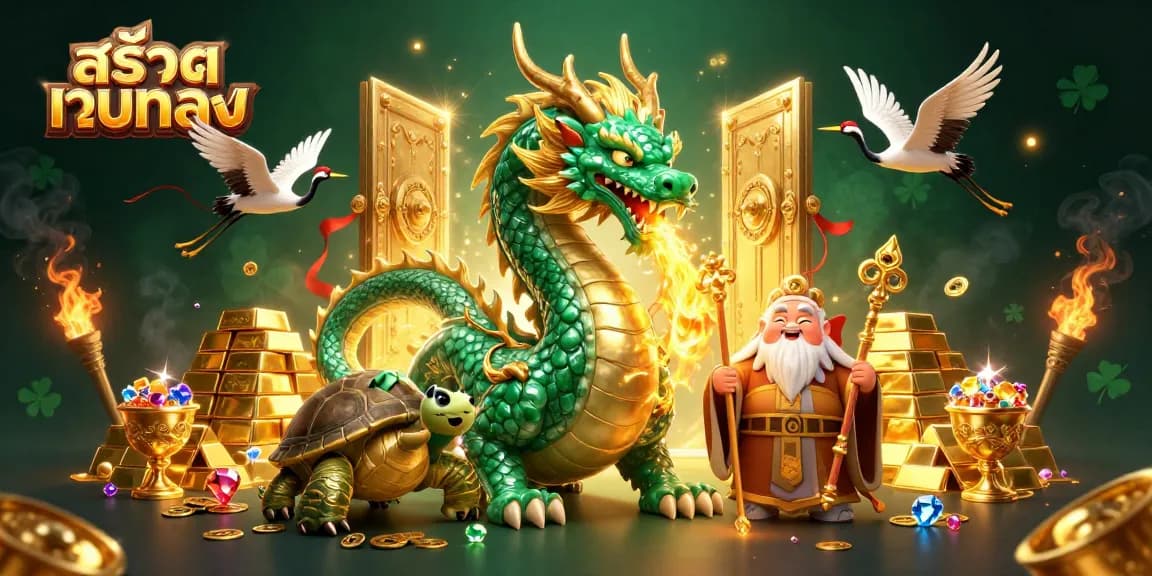 Experience the thrill of สล็อตเว็บตรง with a jade dragon and lucky symbols in a dazzling casino scene.