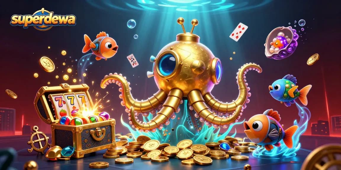 Superdewa menghadirkan suasana permainan slot dengan kraken emas dan koin berkilau.