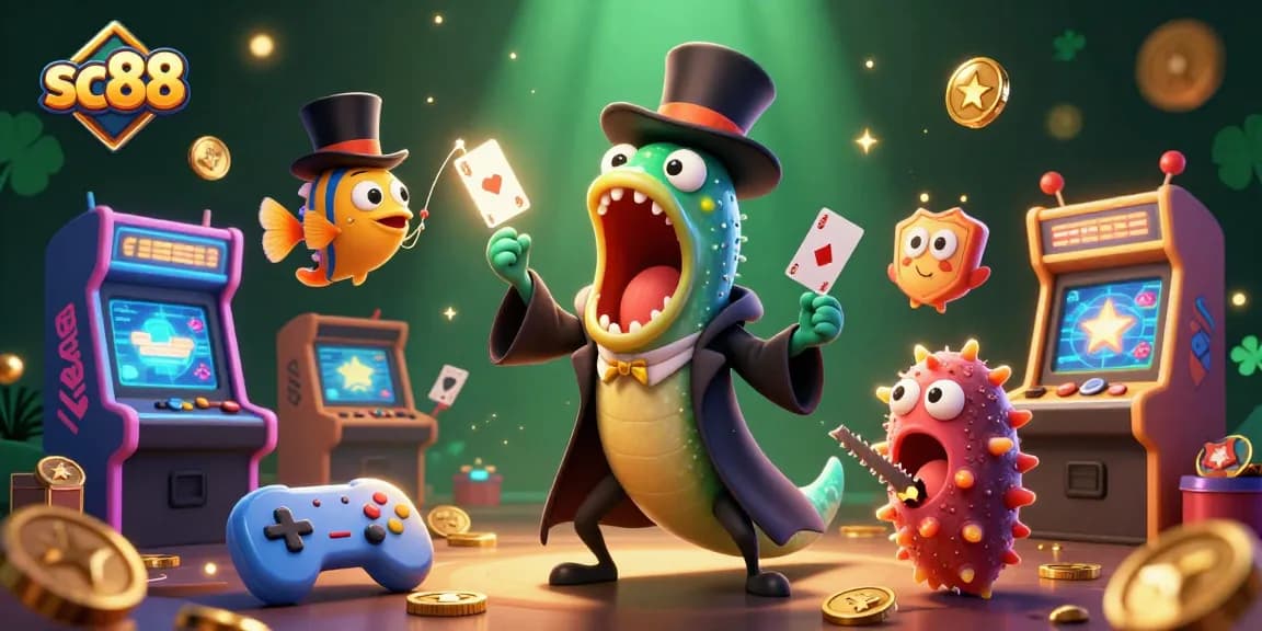 Engage in exciting card magic with sc88 at this vibrant casino-themed illustration, showcasing unique underwater characters.