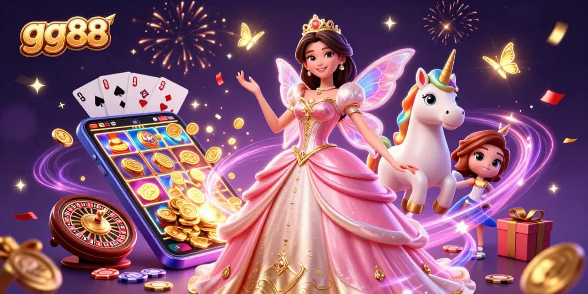 Bet on exciting games at gg88 with a glamorous Asian woman, golden unicorn, and vibrant casino elements.