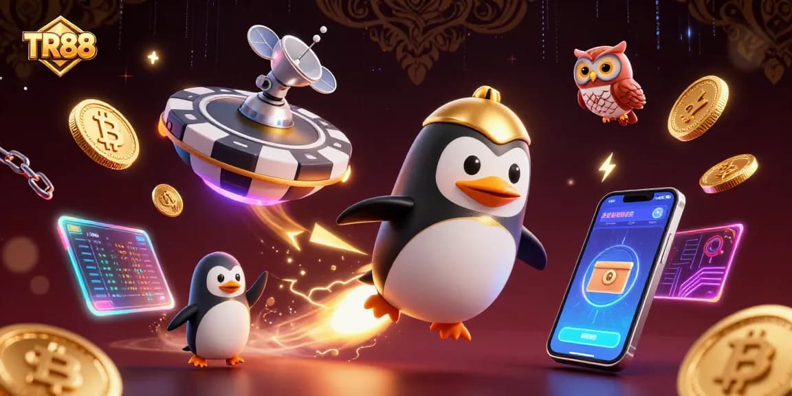 Join TR88's exciting adventure with a golden penguin and crypto coins in a vibrant casino space!