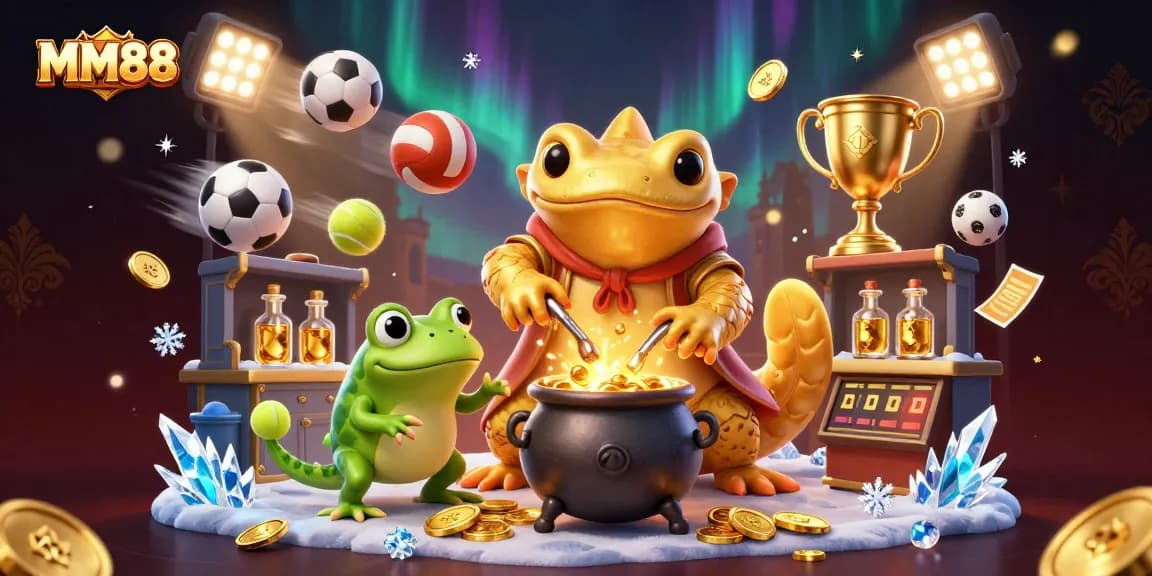 Betting on MM88 with a unique twist, featuring a golden salamander and dynamic sports elements.