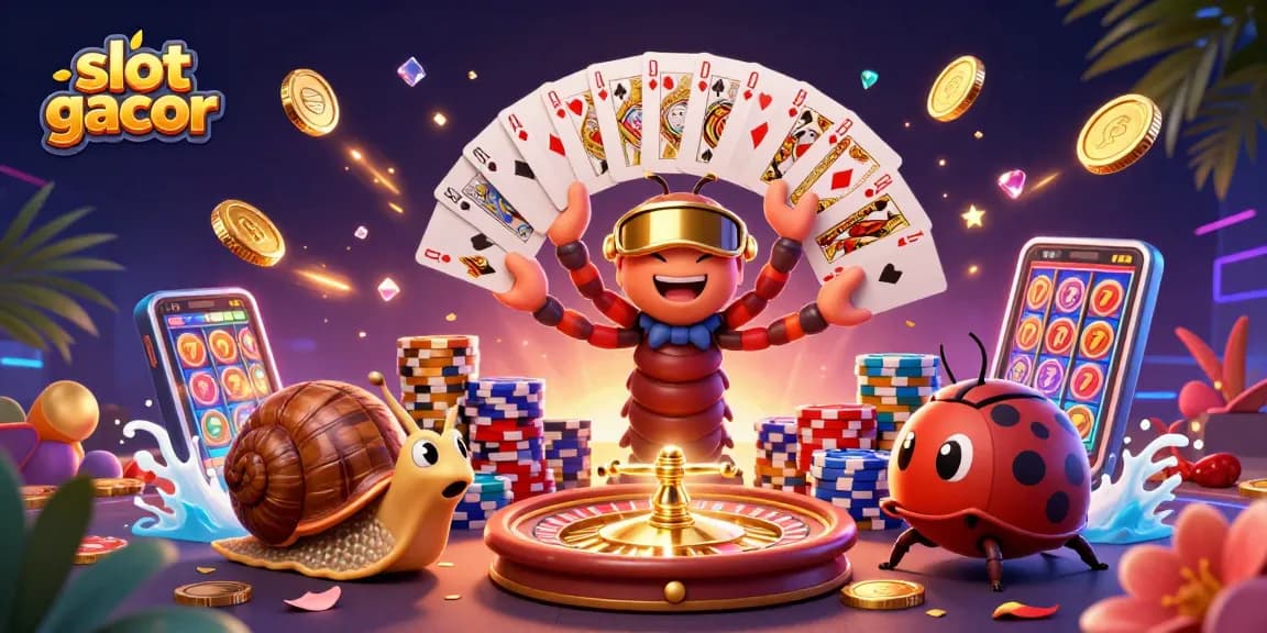 Menampilkan slot gacor dalam ilustrasi 3D dealer kartun dengan chip besar dan kartu bermain.