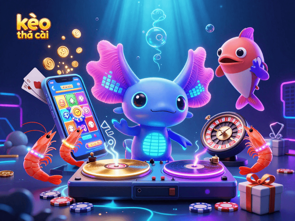 Engaging scene of kèo nhà cái featuring an axolotl DJ surrounded by vibrant slot game elements, enhancing the gambling experience.