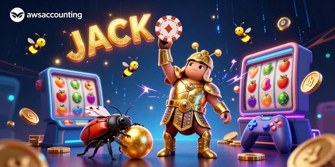 Awsaccounting takes on the slots scene as a 3D hercules beetle hero lifts a poker chip above fruit symbols amidst a colorful casino backdrop.