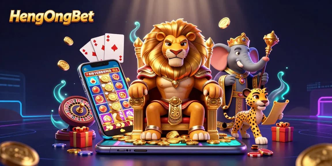 HengOngBet offers a dynamic experience with a lion king on a throne surrounded by thrilling casino elements.