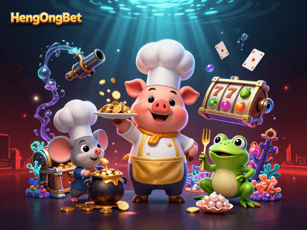 Experience the thrill of HengOngBet with a 3D chef pig serving golden coins in a vibrant casino scene.