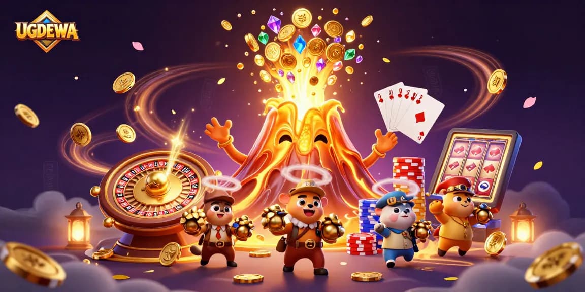 Experience exciting wins at UGDEWA with thrilling slot games and cascading golden coins.