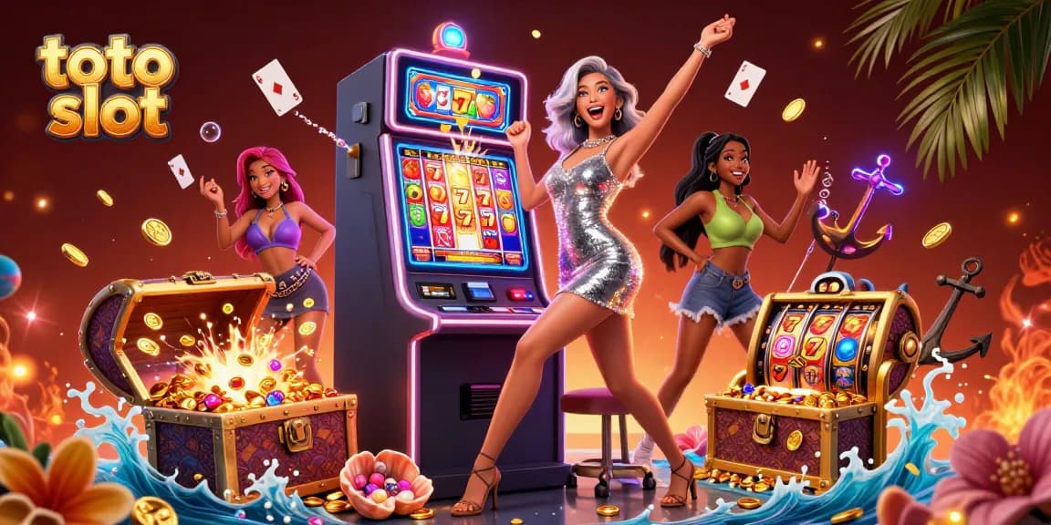 Engage with the thrilling toto slot experience featuring an excited Asian woman celebrating a jackpot at a vibrant casino scene.