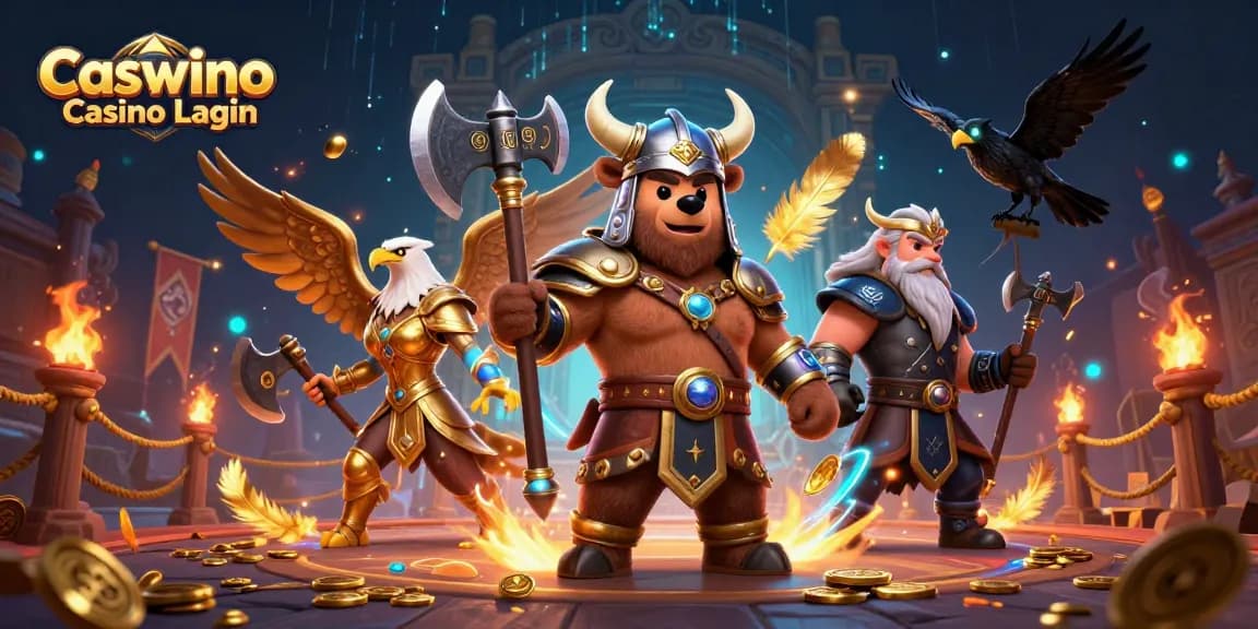 Engage with your gaming skills at Caswino Casino Login, featuring vibrant game elements around 3D characters.