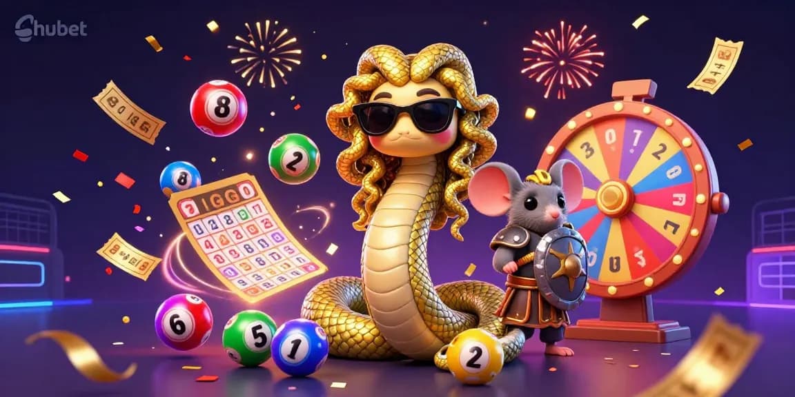 Experience thrilling action at hubet with a lively illustration featuring a friendly Medusa and warrior mouse amidst colorful lottery elements.