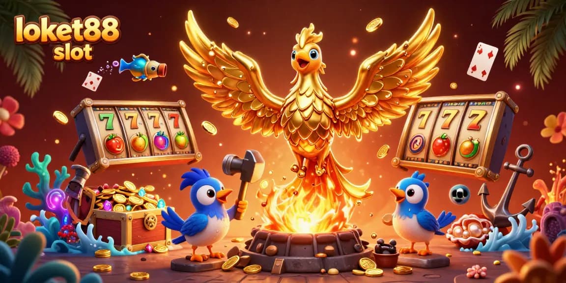 Experience the excitement of loket88 slot with a vibrant, magical scene capturing a golden phoenix amidst casino riches.