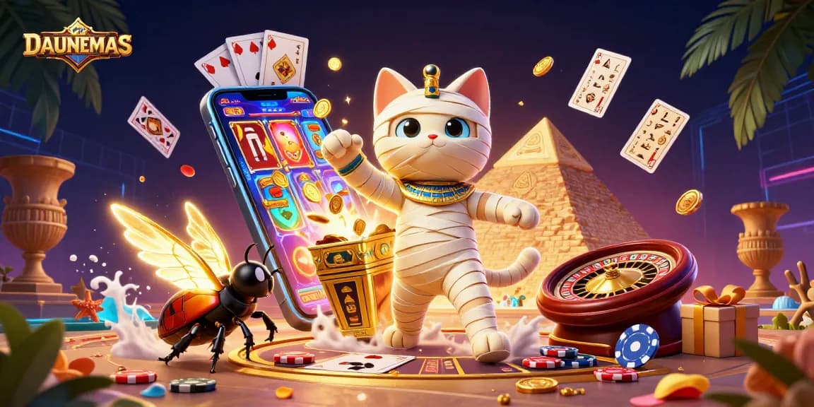 Experience thrilling adventures with DAUNEMAS, featuring an Egyptian mummy cat and stunning slot games.