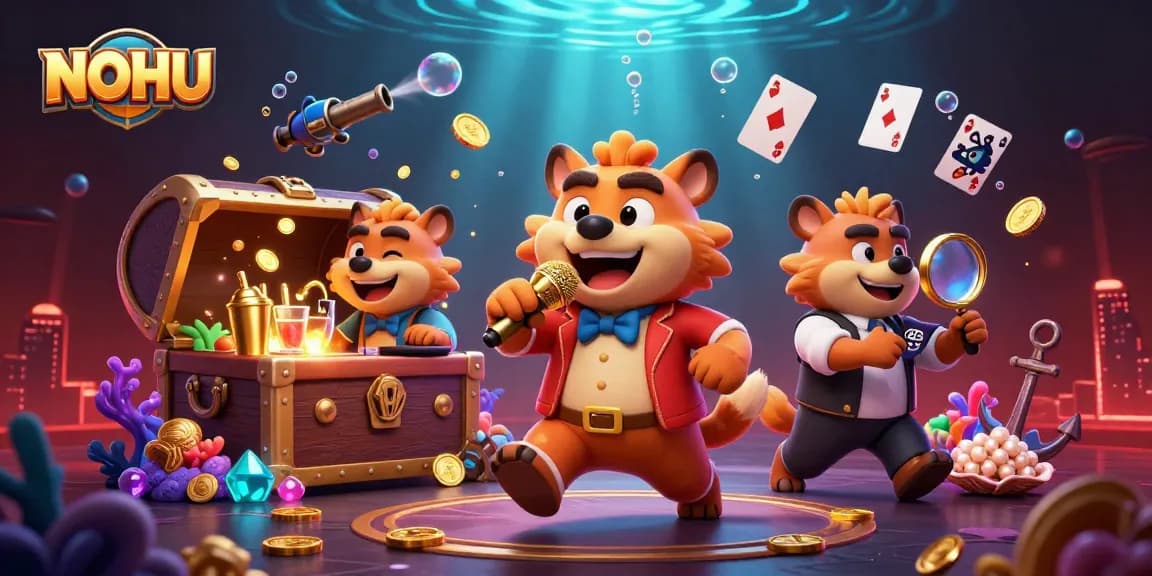 NOHU casino hyenas performing comedy with gold coins and vibrant gaming elements around.