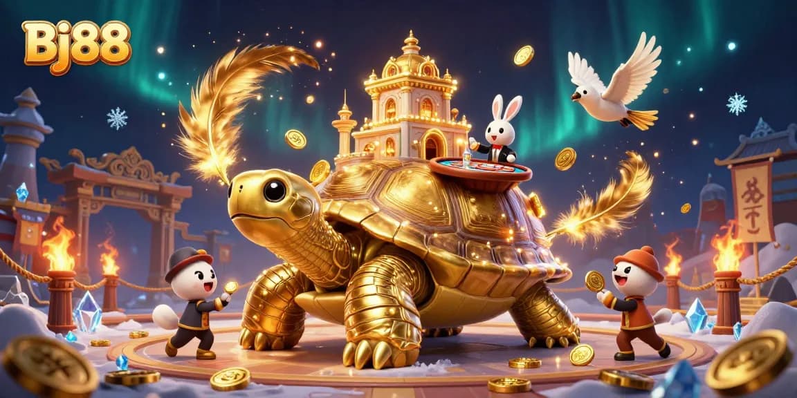 Bj88's exciting online casino experience with a vibrant tortoise and rabbit dealer, symbolizing victory.