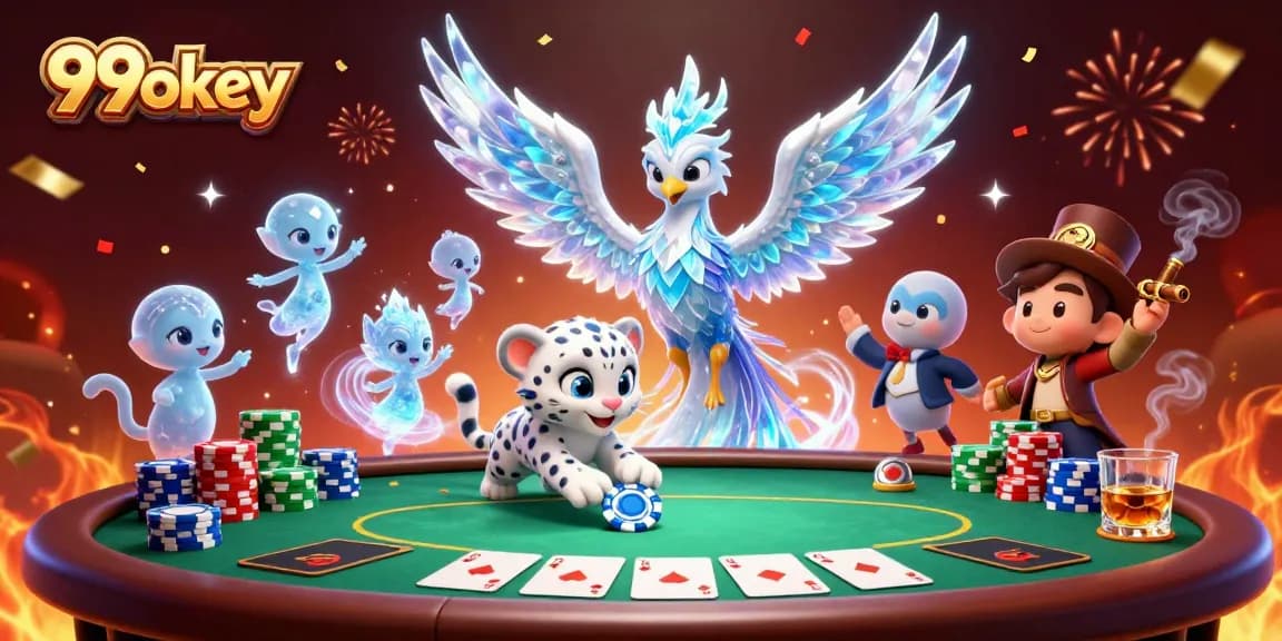 Join the action at 99okey as the ice phoenix and friends play poker amid colorful chips and confetti.