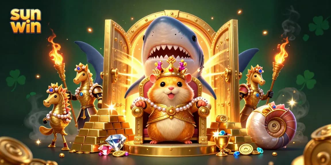 Spin to win with sun win in this vibrant 3D casino illustration featuring gold treasures and a hamster king.