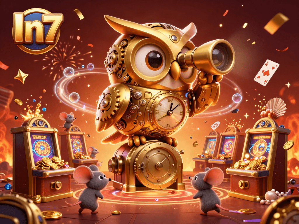 Engage with In7's vibrant casino scene featuring a golden owl, slot machines, and festive decorations.